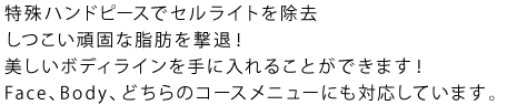 特殊ハンドピースでセルライトを除去。しつこい頑固な脂肪を撃退！美しいボディラインを手に入れることができます！Face、Bidy、どちらのコースメニューにも対応しています。